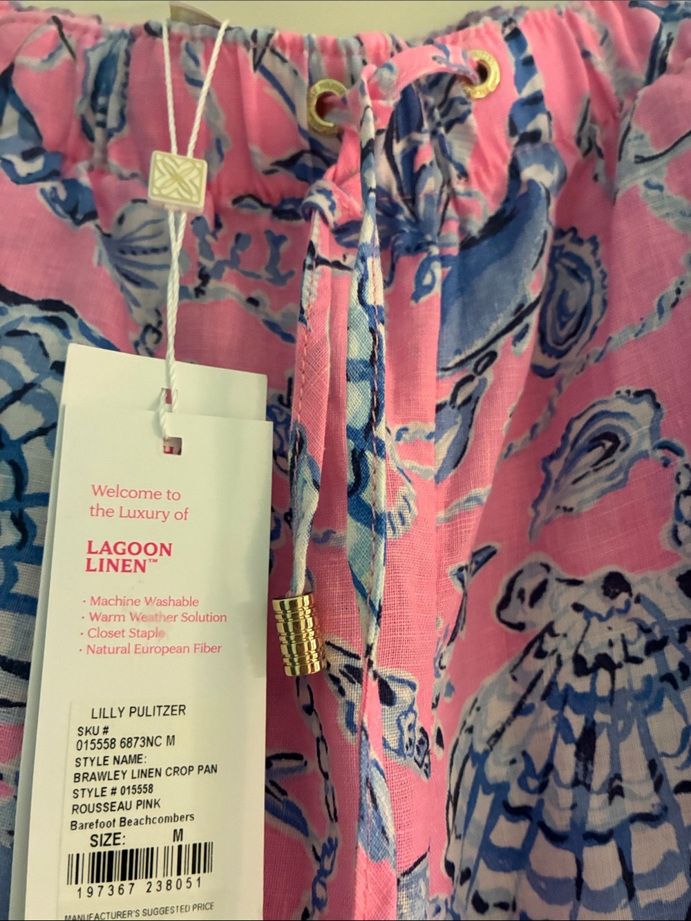 Lilly Pulitzer Linen Pink and Blue Seashell Drawstring Pants - Picture 5 of 6